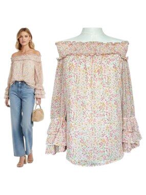 CeCe Off Shoulder Floral Blouse Smocked Ruffle Sleeve L